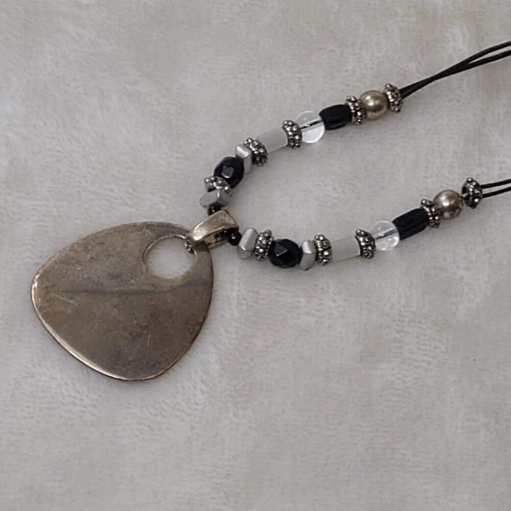 Beaded Black Pendant Statement Necklace  Adjustable Chain Silver-Tone Accents - Picture 6 of 11